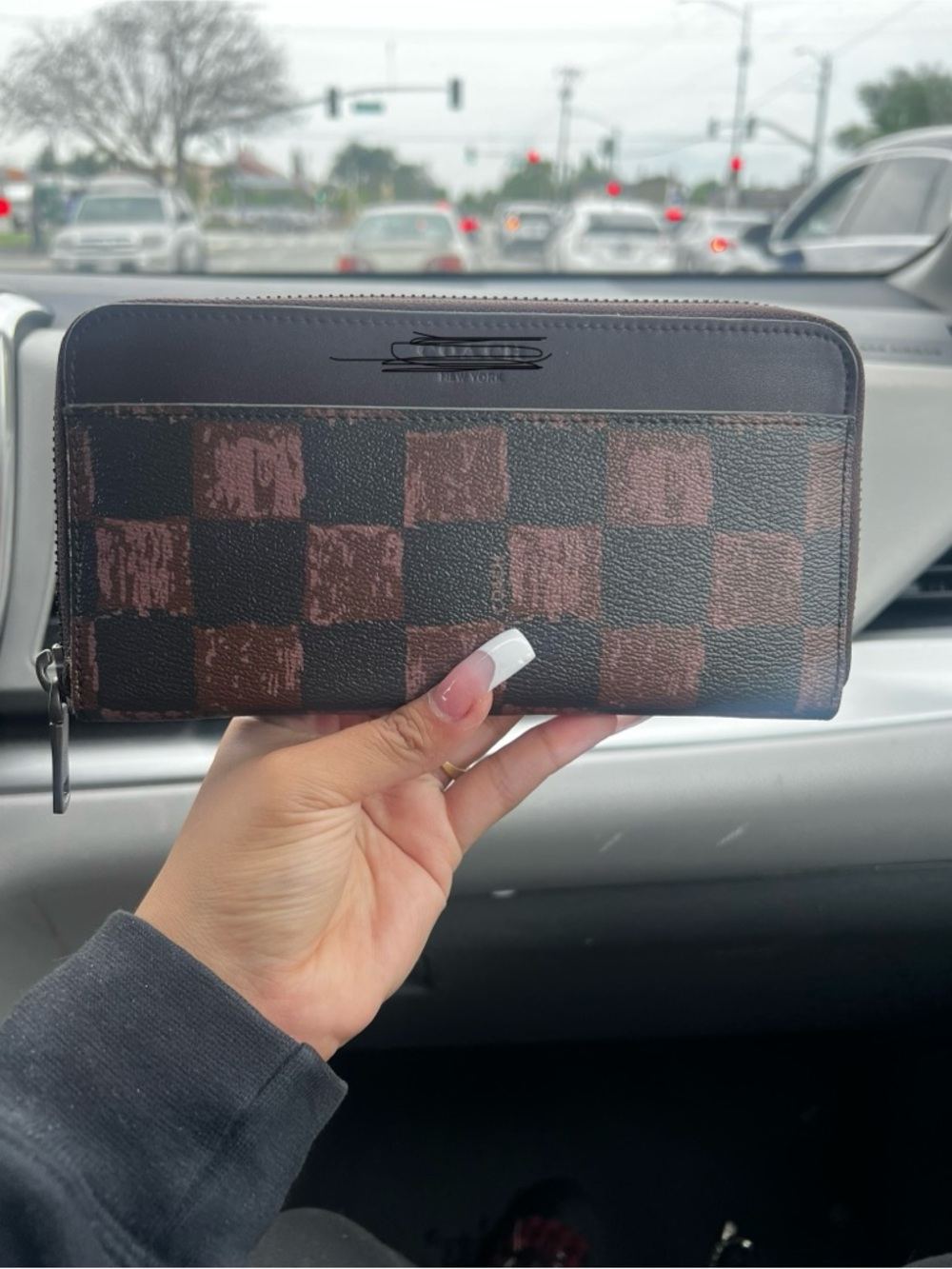 Coach Brown and Dark Brown Checkered Zip Wallet